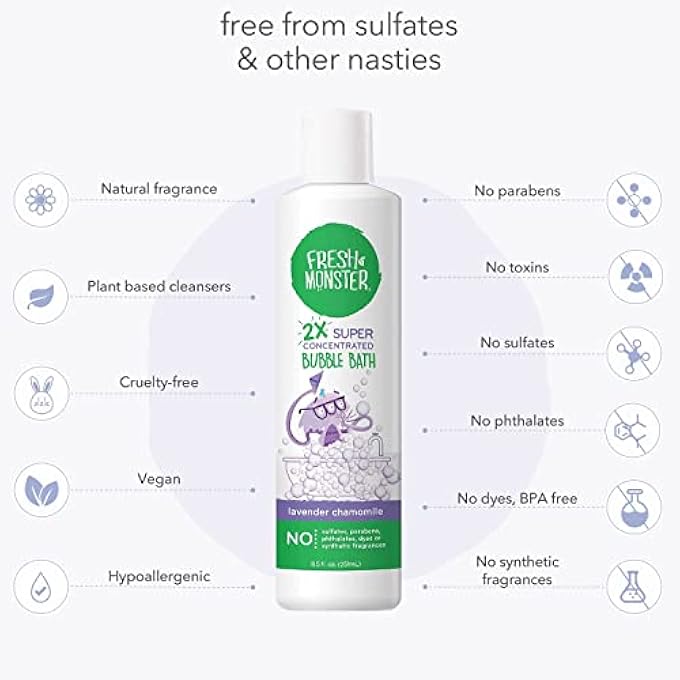 Fresh Monster Kids Foaming Bubble Bath | Hypoallergenic, Natural for Kids & Toddlers | Super Concentrated | Soothing Lavender Scent | Bath Time Essentials - Image 4